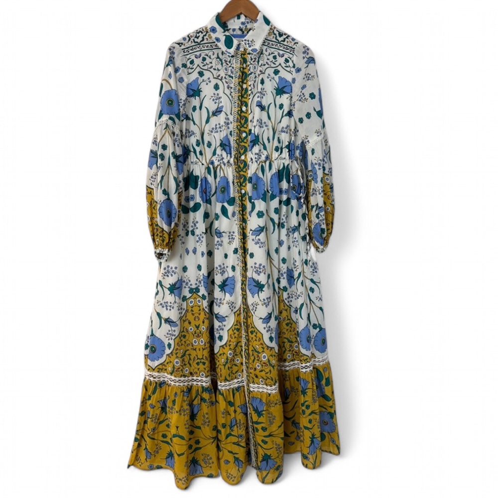 Anthropologie Floral Long Sleeve Maxi Dress in White, Blue & Mustard